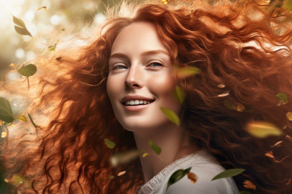 bright and beautiful woman with red hair in the fall, in the style of rendered in cinema4d