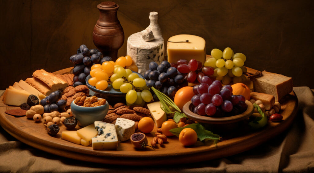 an array of different types of cheese and fruits, in the style of baroque-inspired still lifes, vignetting