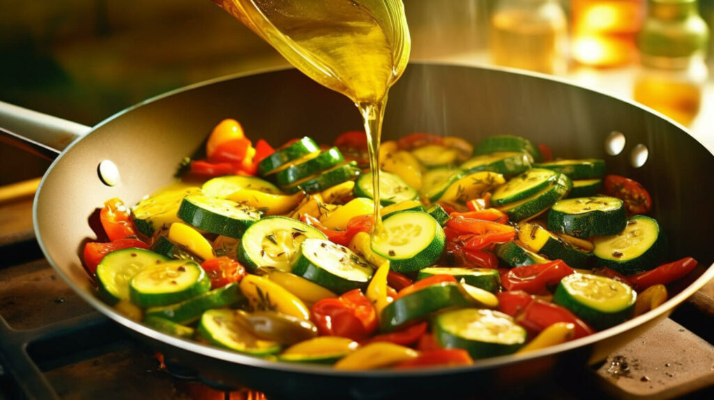 olive oil poured over vegetables in a skillet, in the style of bold colors
