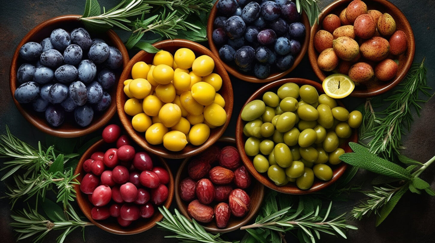 multiple bowls with olives, different colored herbs and other vegetables,
